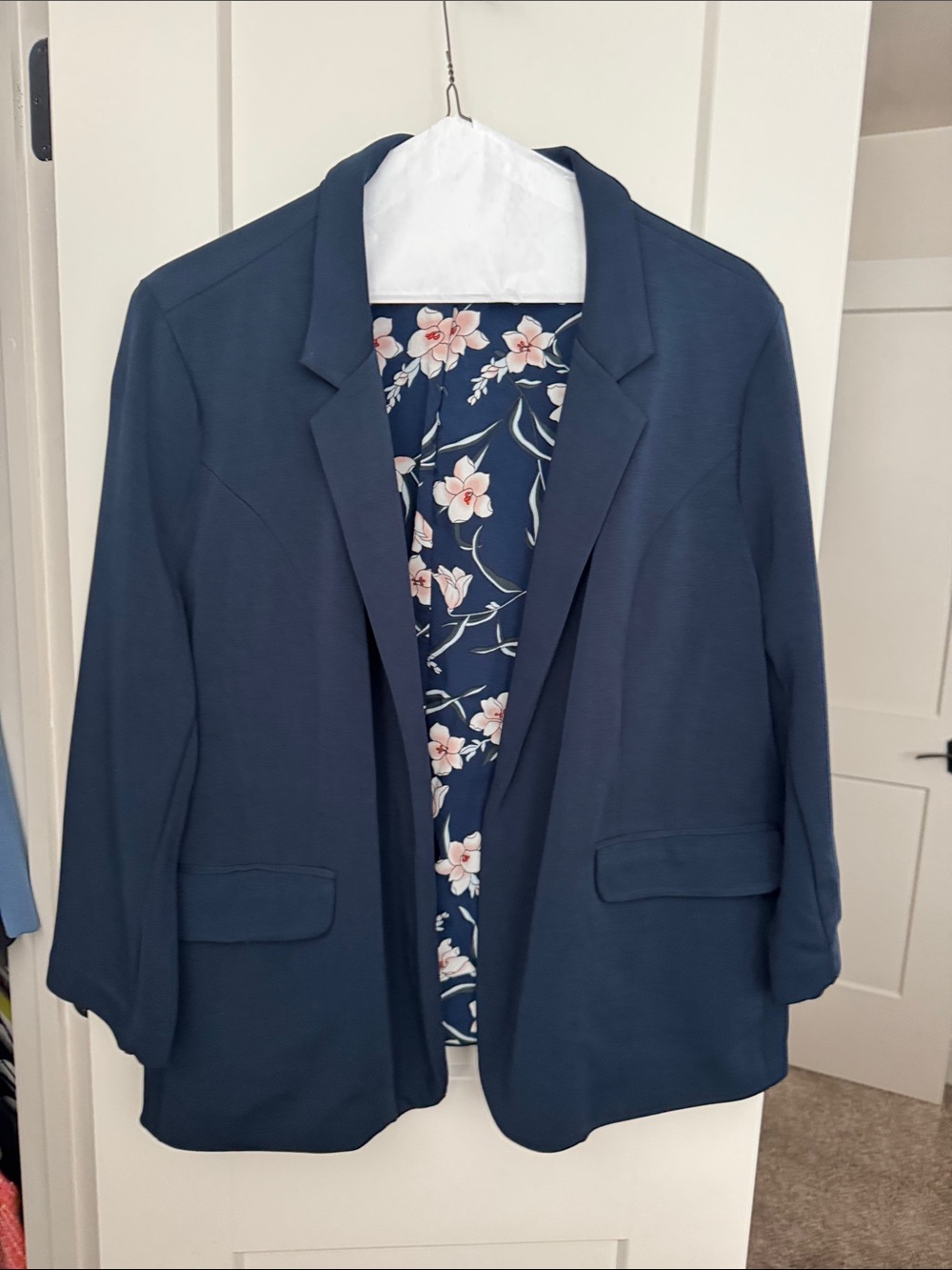 Skies Are Blue Navy Open-Front Blazer with Floral Lining